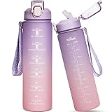 Seekua 32 oz Sports Water Bottle with Straw & Time Marker Large Reusable BPA-free Motivational Drink