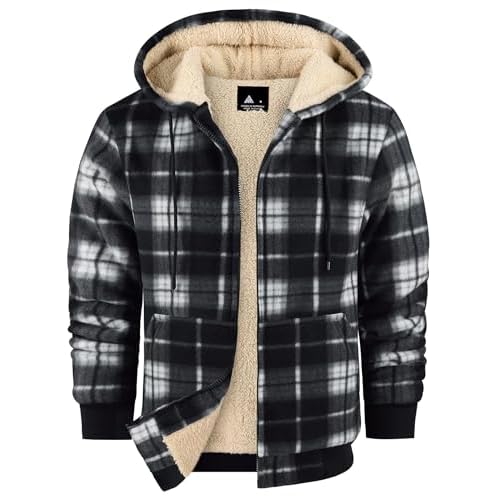 ZITY Heavy Thick Hoodies for Men Plaid Flannel Warm Sherpa Fleece Lined Winter Full Zip Up Coat Black Medium