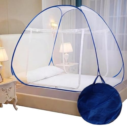 Image of Mosquito Net for Double Size Queen Bed | 30 GSM Premium Polyester Mesh | Pop-Up Design with Bottom Support | Portable with Storage Bag | White with Blue Border (200x170x145 cm)