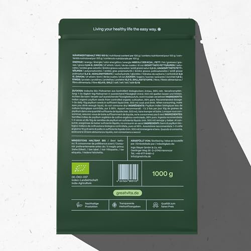 GreatVita Bio Flohsamen 1000g | 99% reine ganze Flohsamen - zertifizierte Bio-Qualität aus Indien | reich an Ballaststoffen & glutenfrei, vegan - ideal für eine gesunde Ernährung