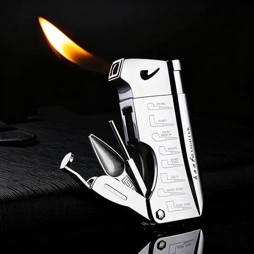 Soft Flame Butane Lighter with Built-in 3-in-1 P-ipe Tool Cleaner Unique Refillable Candle Lighter Angled Gas Window Unique Gifts for Men Birthday Fathers Day Valentines Day (Silver No Fuel)