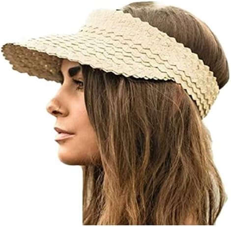 Stylish Sun Visor Hat for Women - Straw Summer Beach Sun Visor Hats with UV Protection, Large Wide Brim for Outdoor Camping Hiking Travel | Perfect for Pony Tail or Bun