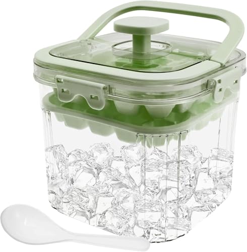 SKY-TOUCH 5L Portable Ice Bucket for Freezer with 56 Grids Mold Tray & Scoop Large Capacity Clear Refrigerator Ice Cube Storage Bin for Outdoor Camping and BBQ Party (Green)