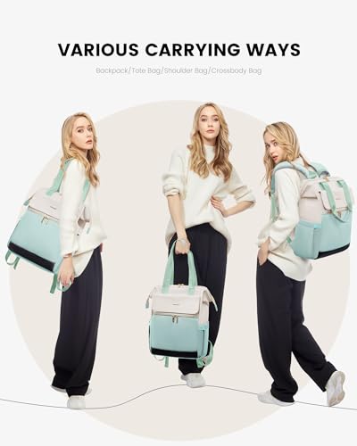 Image of LOVEVOOK Laptop Backpack for Women, 15.6 Inch Work Laptop Bag with USB Port, Fashion Teacher Nurse Backpack Purse, Waterproof Travel Computer Backpack with Organizer Bag, 2PCS, Beige-Mint Green