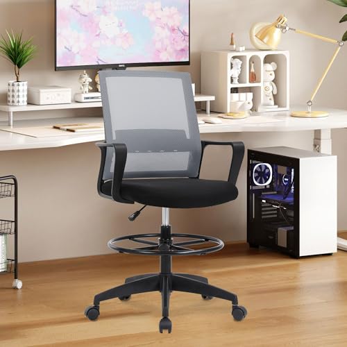 Image of BestOffice Drafting Chair Tall Office Chair Adjustable Swivel Rolling Mesh Height with Lumbar Support Arms Footrest Mid Back for Adults Standing Desk Drafting Stool (Ashy)
