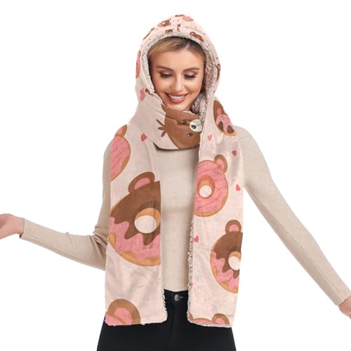 Bonnet d'hiver chaud à capuche femme écharpe et poche gants 3 en 1 beignet