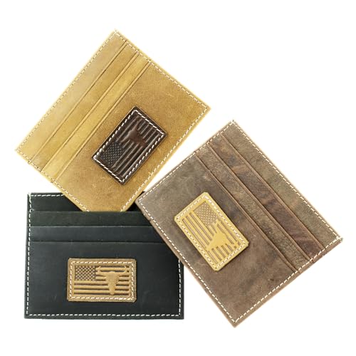 American Bison Men’s Leather Credit Card Holder – Embossed Bison Skull & American Flag Slim Wallet with ID Window, 3 Card Slots, Slide Pocket – Wooden Gift Box (Brown)2