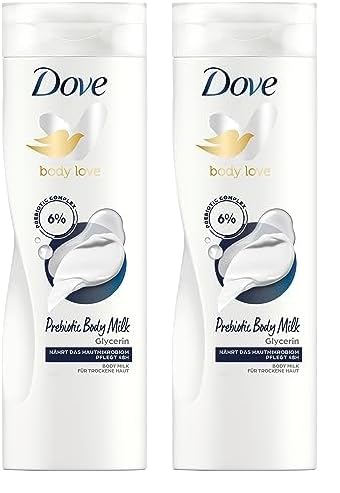 Dove Body Love Prebiotic Body Milk für trockene Haut für 48 Stunden Körperpflege mit Glycerin 400 ml (Packung mit 2)