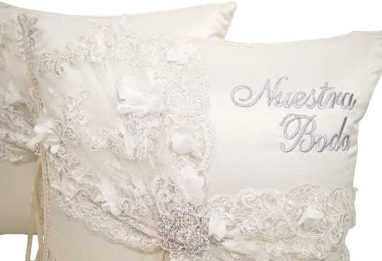 Set of 2 Ivory Wedding Kneeling Pillows with Filler, Embroidered Nuestra Boda Kneeling Pillows, Satin and Lace Plush Pillow