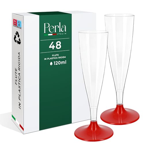 Perla - 48 Flute Plastica - Calici Plastica Rigida 120ml - Bicchieri da Champagne Trasparenti - Calice Lavabile e Riutilizzabile per Feste Matrimoni e Compleanni (Gambo Rosso)