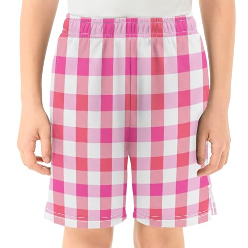 Red Gingham Check Athletic Shorts with Zipper Pockets, Youth Boys Athletic Running Shorts for Summer2