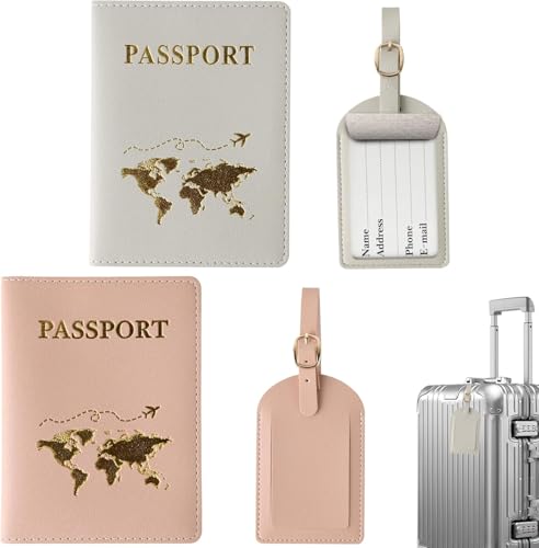 Ervoxo Reisepasshülle 2 Stück Reisepasshülle mit 2 Kofferanhänger Passport Holder Passport Cover PassportHülle Reisepasshüllen Kofferanhänger für Kreditkarten Ausweis und Reisedokumente (Rosa grau)