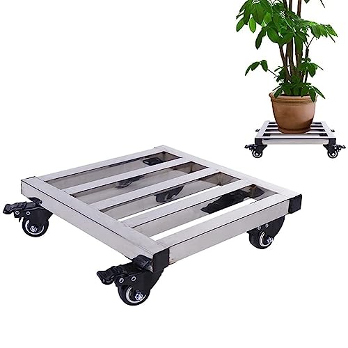 Chariot à plantes robuste en acier inoxydable avec roulettes pour grands pots et fleurs - Chariot carré en métal argenté - 35 cm