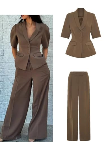 Women Solid Blazer Pants Sets Buttons Short Sleeve Jacket Wide Leg Trousers Street Office Suit2