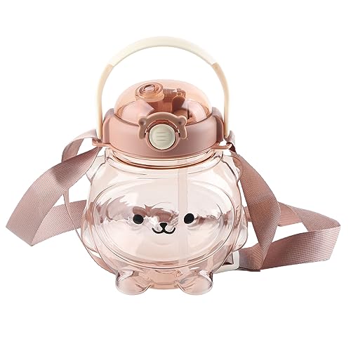 Jwthee Bouteille d'eau avec couvercle de paille, 1000 ml de dessin animé ours en plastique bouteille de consommation de bouteille d'eau réutilisable avec sangle de transport pour (Brun)