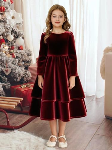 Girls Velvet Dress with Bow Fall Winter Long Sleeve Tiered Holiday Birthday Party Dresses for Girls 2-14Y3