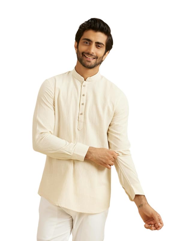manyavar Men's Linen Embroidery Short Kurta (1pc)-picture-11