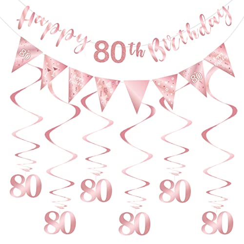80th Birthday Decoration Kit for Women, Happy 80th Birthday Banner Bunting Swirls Streamers, Triangl