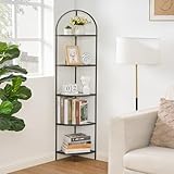 Homhedy 5-Tier Corner Shelf Stand, Metal Corner Bookshelf, Tempered Glass Shelves, Bathroom Storage Rack Shelf, Plant Stand, Modern Style, Black