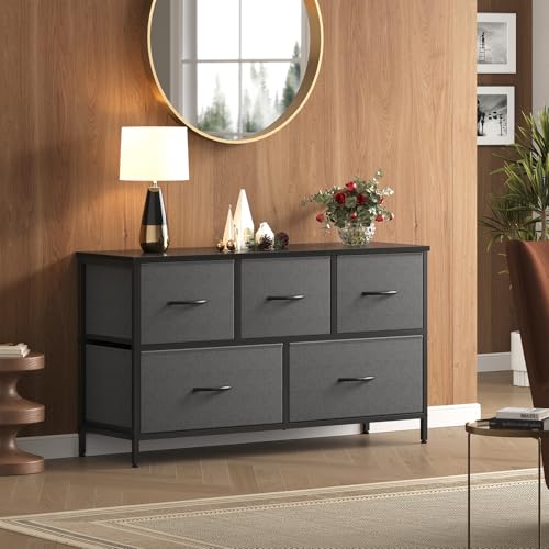 Image of OLIXIS Dresser for Bedroom with 5 Drawers, Wide Chest of Drawers, Grey | Chest of Drawers for Clothes Storage with Bins, Wide Fabric Bedroom Dresser, Wooden Top, Living Room