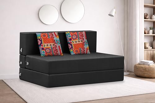 Image of Rosebell Two Seater Foldable Sofa Cum Bed (4x6 Feet) ? Jute Fabric, Washable Removable Cover, Includes Cushion | Space Saving Convertible Sofa Bed for Home, Office & Guests - Black
