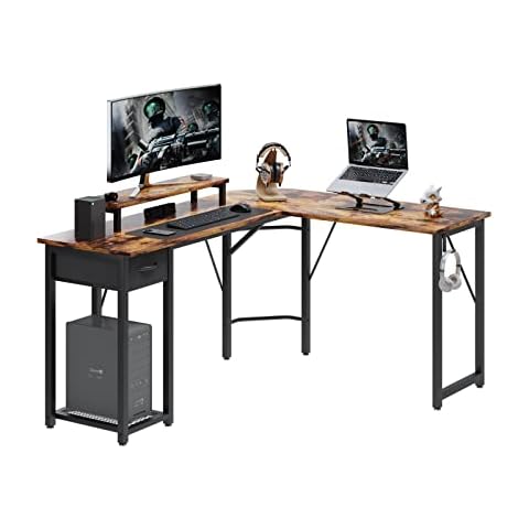 TREETALK L-shaped Computer Desk with Monitor Stand Cover