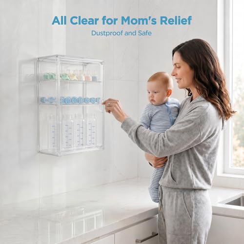 Image of HBlife Baby Bottle Storage Organizer Wall Mount, 3 Tiers Adjustable Clear Acrylic Bottles Storage Station Case Box Container with 2 Removable Dividers and Magnetic Door for Countertop Cabinet, Medium