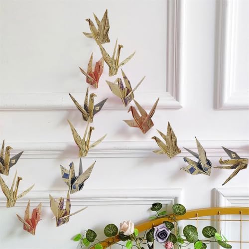 Image of Vintage Crane Paper Hanging Garlands(3stringsX 6.2ft), Retro Newspaper Origami Birds Streamers for Bridal Shower, Baby Shower Birthday Party Supplies,Garden Ceiling Hanging Garland