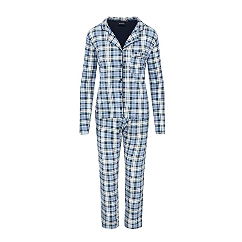 Pijama elástico con botones y algodón para mujer, Cuadros azules, S