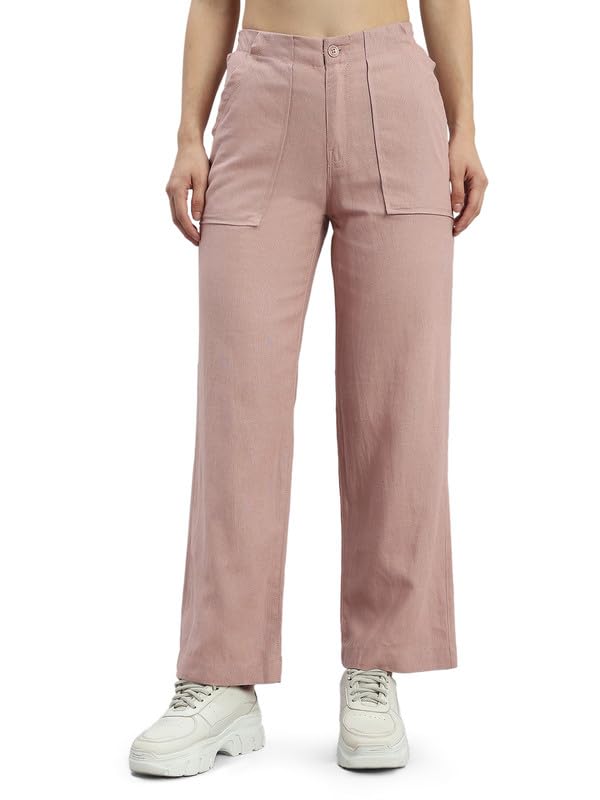 Image of GO COLORS Solid Linen Cargo Pants for Women | Full Length, Mid Rise, Side Pockets