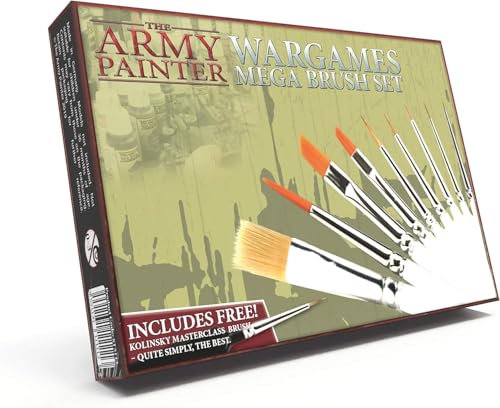 The Army Painter Wargames Mega Brush Set - 10 Miniature Paint Brushes Including Free Masterclass Kolinsky Sable Hair Brush and Detail Paint Brush with Fine Tip - Miniature Painting Kit for Wargamers