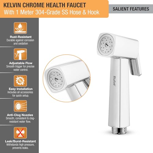 Image of Ruhe Kelvin Health Faucet | ABS Kelvin Health Faucet Jet Spray for Toilet with Braided 1.0 Meter Flexible Hose Pipe with Hook | (Chrome Finish) | Jet Spray for Toilet