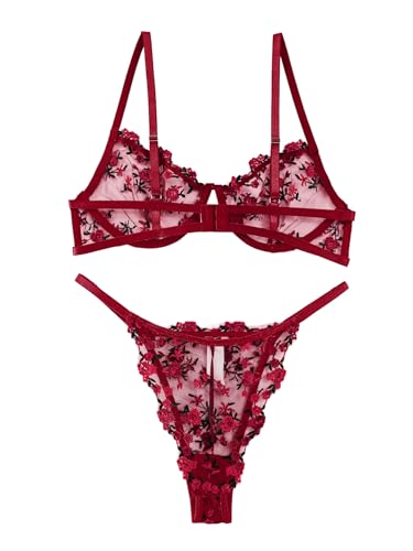 Image of Lilosy Sexy Floral Embroidered Mesh Sheer Underwire Lingerie Set