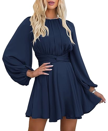 MITILLY Women's Elegant Satin Long Sleeve Round Neck Wrap Tie Waist Flowy Cocktail Party Mini Dress