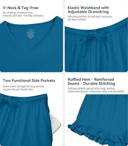 Image of WiWi Womens Pajamas Set Bamboo Viscose Super Soft Short Sleeve Top Ruffle Shorts Sleepwear Cooling Pj Sets S-XXL