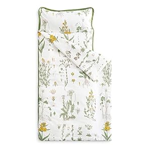 Wake In Cloud – Toddler Nap Mat with Pillow and Blanket, 100% Cotton Fabric, for Kids Girls in Daycare Kindergarten Preschool, Floral Botanical Flowers, White Yellow Green, Standard
