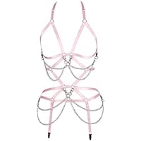 BBOHSS Conjunto de arnés Corporal para Mujer Conjunto de cinturón de Liga de Carnaval Sujetador Superior Hueco elástico Traje de Baile gótico Punk (0028) (Rosa)