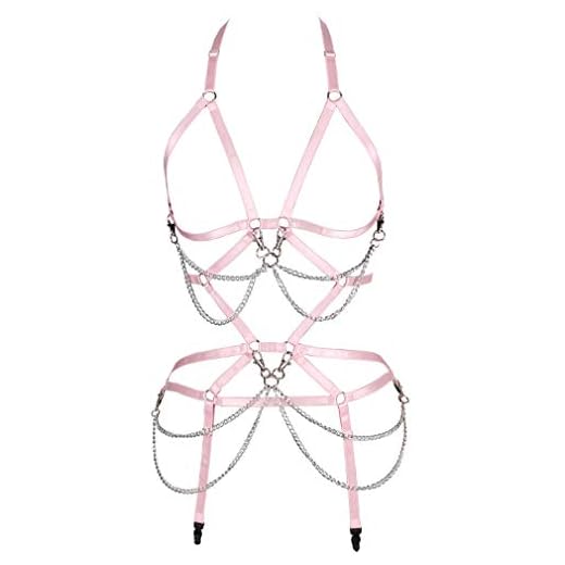 BBOHSS Conjunto de arnés Corporal para Mujer Conjunto de cinturón de Liga de Carnaval Sujetador Superior Hueco elástico Traje de Baile gótico Punk (0028) (Rosa)