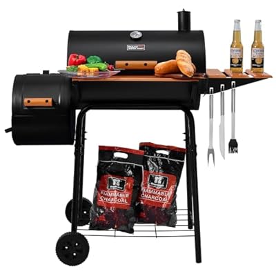 Royal Gourmet CC1624W Barrel Charcoal Grill with Offset Smoker, 552 Sq. In. Cooking Area, Wooden Front and Side Shelf with Hooks, Mesh Bottom Shelf, Charcoal Grill for Outdoor Grilling, Black