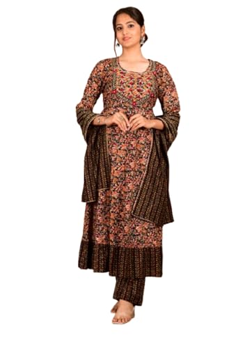 Image of Women's Cotton Embroidered Anarkali Kurta with Pant & Dupatta Set
