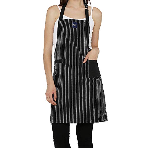 Encasa Homes Kitchen Apron For Women With Pockets & Towel Holder | Size 27" X 33" With Adjustable Neck | Classic Butcher Stripes Black - 100% Cotton | Can Be Used By Men & Chefs Cooking & Baking #TOP2