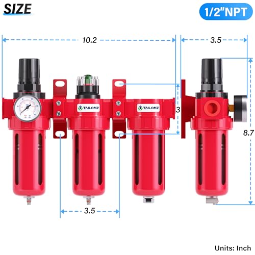 Tailonz Pneumatic 940TL 0-150Psi 1/2 Inch Npt Aluminum Alloy Industrial Grade Three Stage Air Drying System, Particulate Filter, Coalescing Filter, Desiccant Dryer And Air Regulator thumb #1