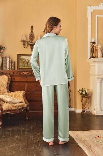Image of Ekouaer Women's Classic Button Down Long Satin Silk Pajama Set