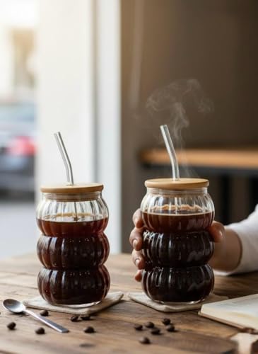 Image of SUANI Bubble Shape Glass Tumbler with Lid and Straw, 500ml Transparent Drinking Glass Cup for Iced Coffee, Cold Coffee, Juice, Smoothies, Milk, Tea and Beverages, Pack of 2