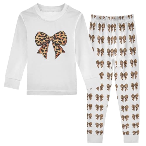 Cartoon Pajamas Set Leopard Print Bow Brown Long Sleeve PJs Cotton Jammies Sleepwear Top and Pants