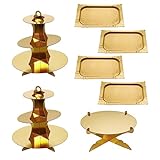 Rbenxia 7 Pieces Cake Stand Set 3-Tier Round Cardboard Cupcake Tower with Rectangle Serving Tray 1-Tier Round Cake Stand Dessert Holders for Birthday Party Wedding Bridal Shower (Gold)