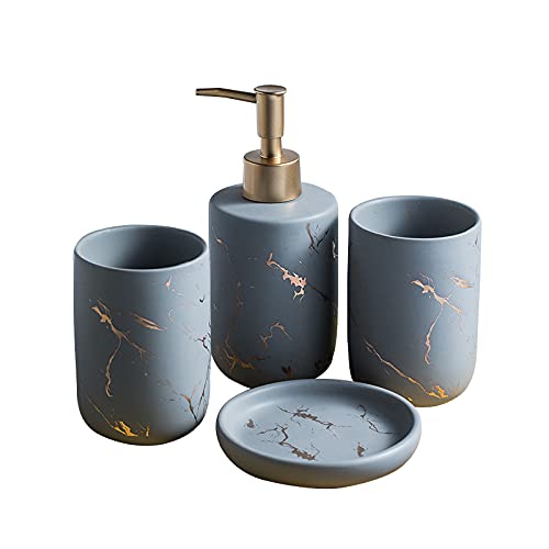Marble Bathroom Accessories Set - 3/4 Piece Ceramic Bath Accessory Complete Set Luxury Bath Accessory with Soap Dispenser, Soap Dish, 1/2 Tumbler (Grayï¼ˆ4 Pieceï¼‰)