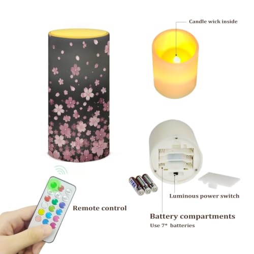 Image of Poceacles Flickering Flameless LED Battery Candles Pillar Candles Tealight with 18-Key Timer Remote with Colorful Light for Indoor Outdoor Home Decor, Cherry Blossom Pink Black