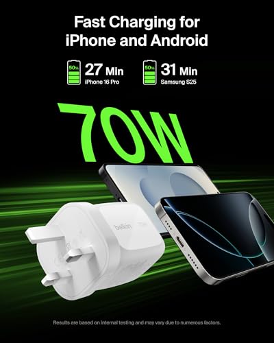 Belkin 3-Port USB-C Plug 70W, Multi-Port GaN Wall Charger with 2x USB-C & 1x USB A Ports, UK and US Plug Tips, Fast Charging for MacBook, iPhone 16, iPad, Samsung Galaxy S25, Google Pixel, etc - White - Image 5