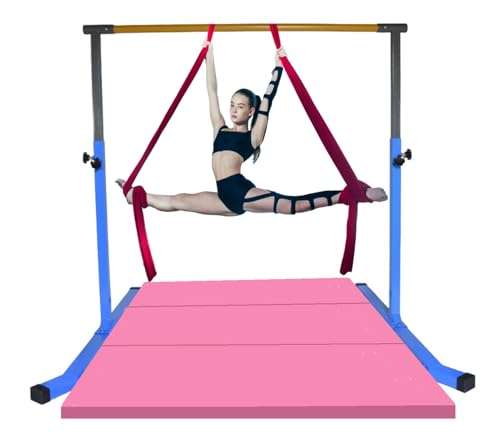 ToyKraft Gymnastic Bar and Gymnastic Mat Combo Set, Expandable Height 3 Ft to 5 FT, Premium Kip Bar for Kids and Teens, Horizontal Bar for Girls and Boys with Mat, Home Gymnastics Equipment (Blue)